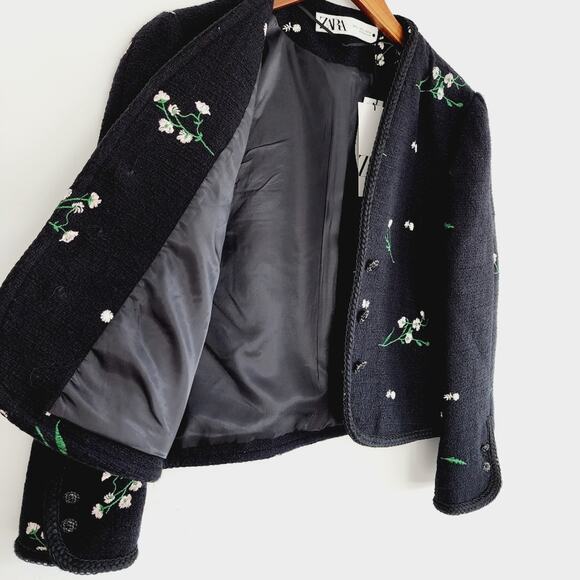 Zara Black Floral Embroidered Open Blazer jacket Size Small - Picture 5 of 7